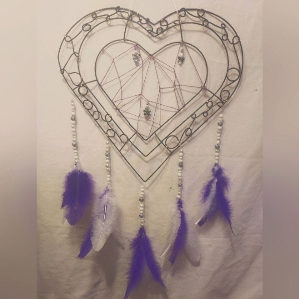 Purple and white heart dream catcher